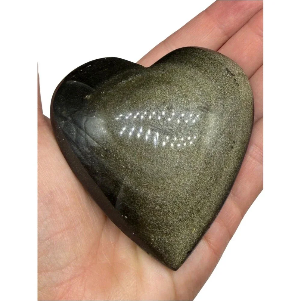 Gold Sheen Black Obsidian Heart Shaped Crystal Stone Puffy Carved Carving